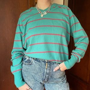 VTG 70s 80s Teal V-Neck Striped Sweater